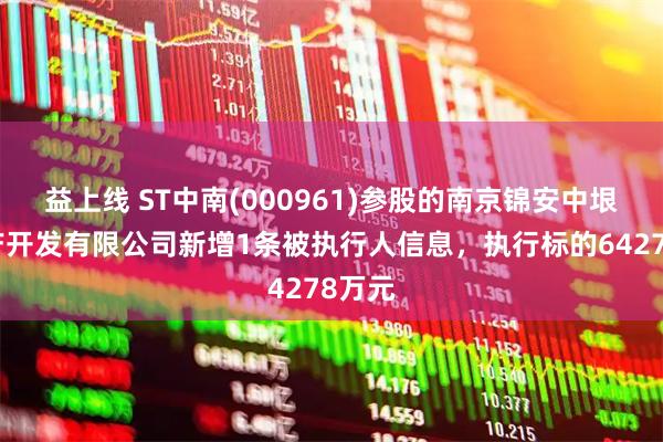 益上线 ST中南(000961)参股的南京锦安中垠房地产开发有限公司新增1条被执行人信息，执行标的64278万元